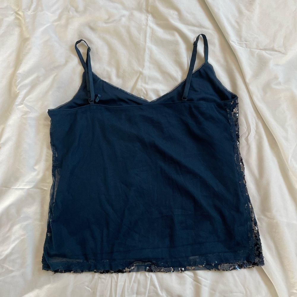 Deep Blue Mesh Sequins Spaghetti Strap Party Top - image 5